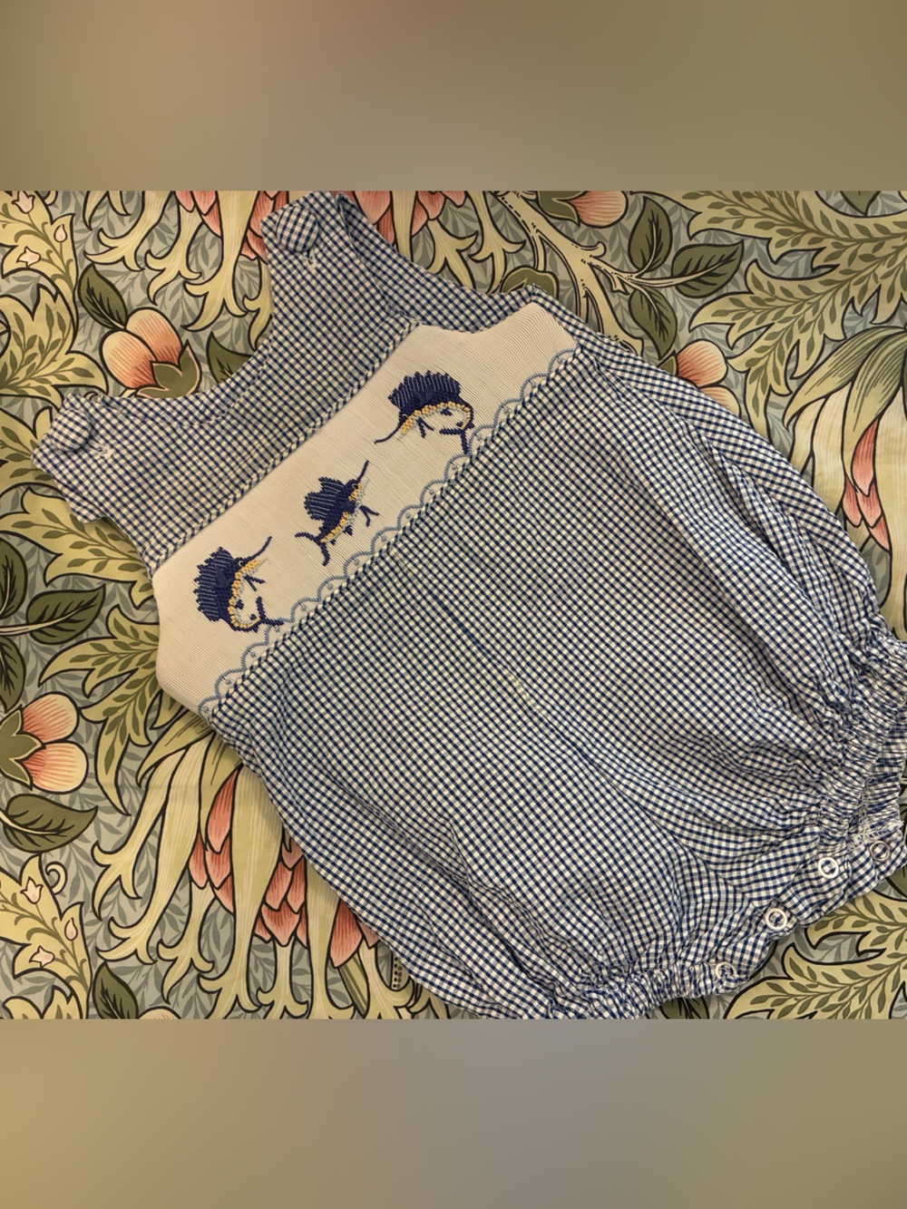 Blue Gingham Smocked Baby One-Piece Bubble with Embroidered Sailfish